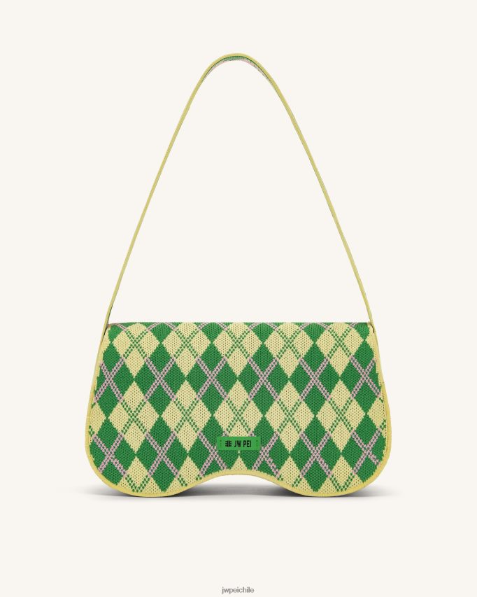 JW PEI bolsa de hombro becci de punto amarillo claro y verde y rosa bolsa de hombro 26446P115